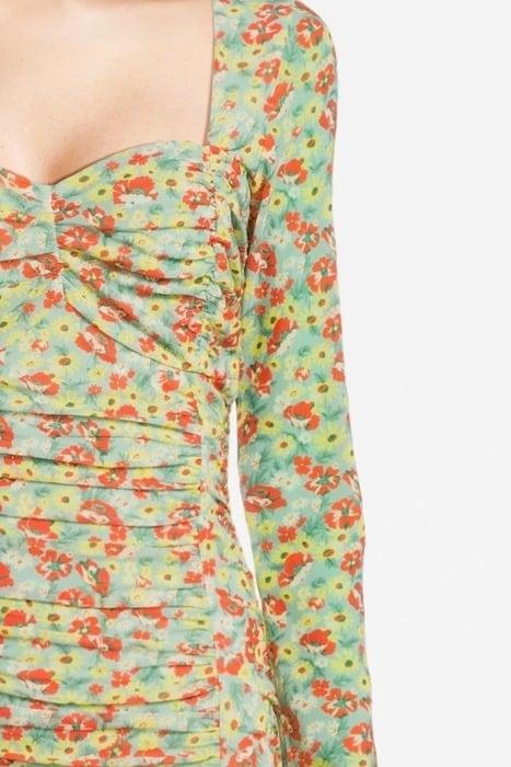 PRINTED MESH RUCHED MIDI DRESS MEADOW CELADON GREEN 4