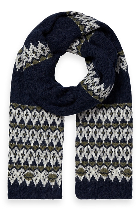 FAIR ISLE KNITTED CABLE SCARF DEEP SPACE 1