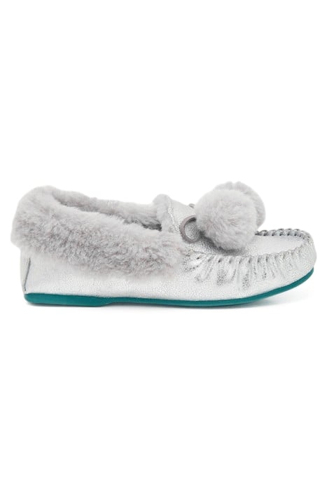 SUEDE AND SHEARLING MOCCASIN SILVER TONE METALLIC 1