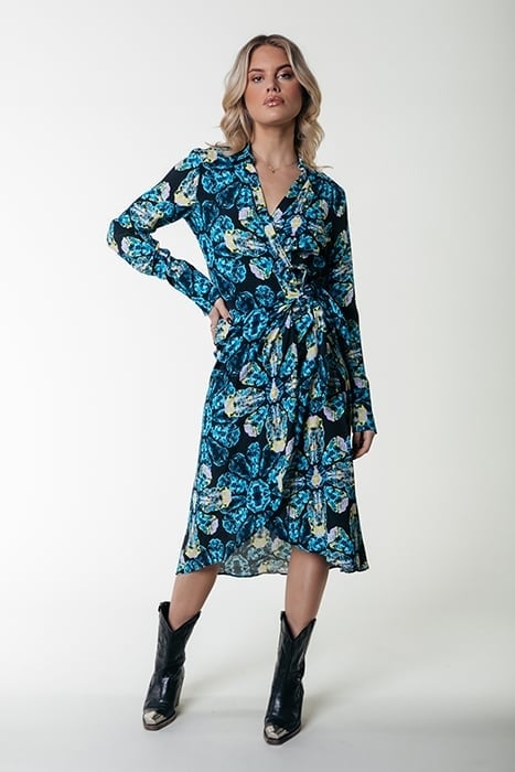 LEA DIGITAL FLOWER WRAP MIDI DRESS LS LIGHT BLUE 1