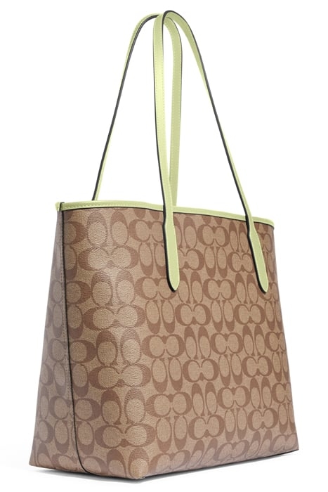 CITY TOTE BAG IN SIGNATURE CANVAS KHAKI/PALE LIME 2