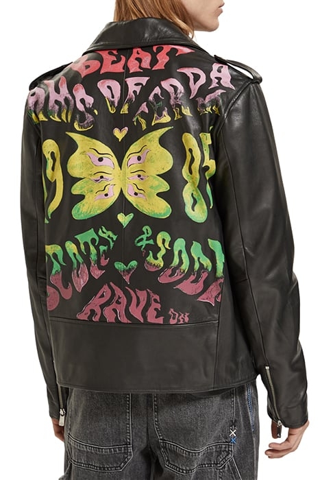 PLACEMENT PRINT LEATHER BIKER JACKET BLACK 2