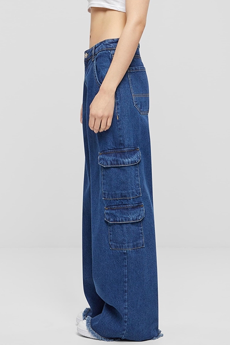 LADIES MID WAIST CARGO DENIM PANTS MID INDIGO WASHED 6