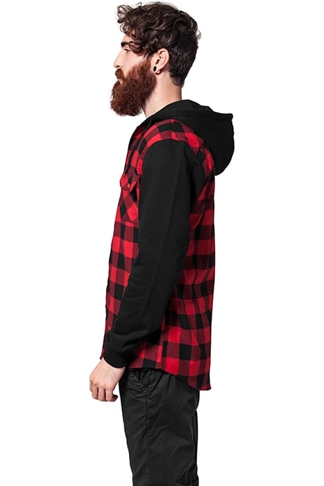 HOODED CHECKED FLANELL SWEAT SLEEVE SHIRT BLK/RED/BL 4