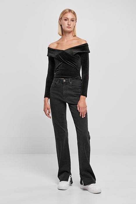 LADIES VELVET RIB CROSSED OFF SHOULDER LONGSLEEVE BLACK 3