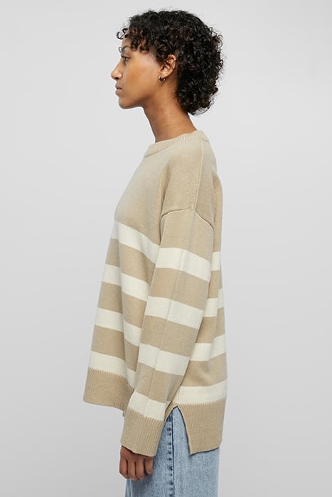 LADIES STRIPED KNIT CREW SWEATER WETSAND/SAND 6