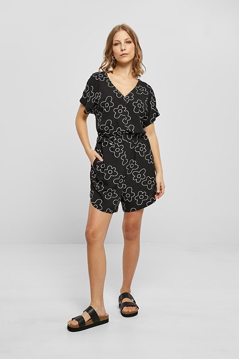 LADIES SHORT VISCOSE BELT JUMPSUIT BLACKFLOWER 3