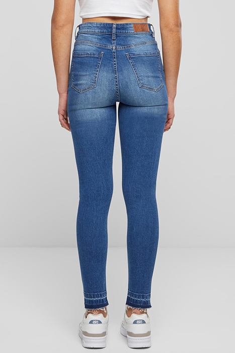 LADIES SKINNY HIGH WAIST OPEN HEM JEANS BLUE WASHED 2