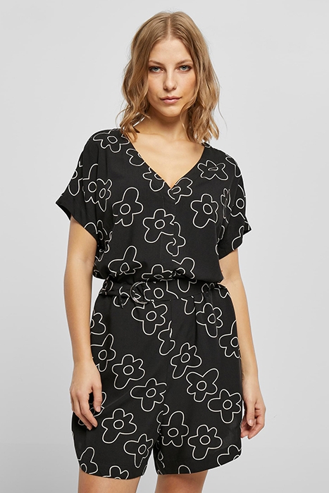 LADIES SHORT VISCOSE BELT JUMPSUIT BLACKFLOWER 1