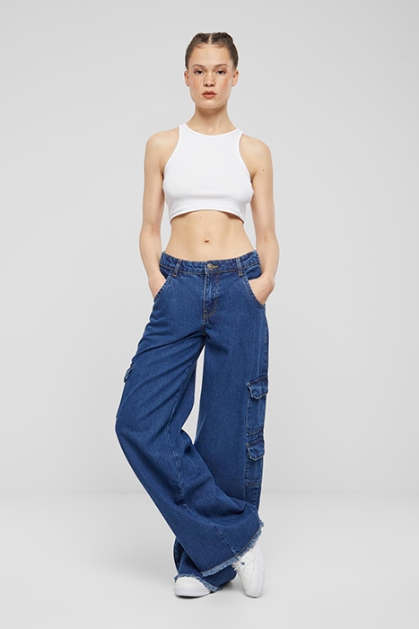 LADIES MID WAIST CARGO DENIM PANTS MID INDIGO WASHED 3