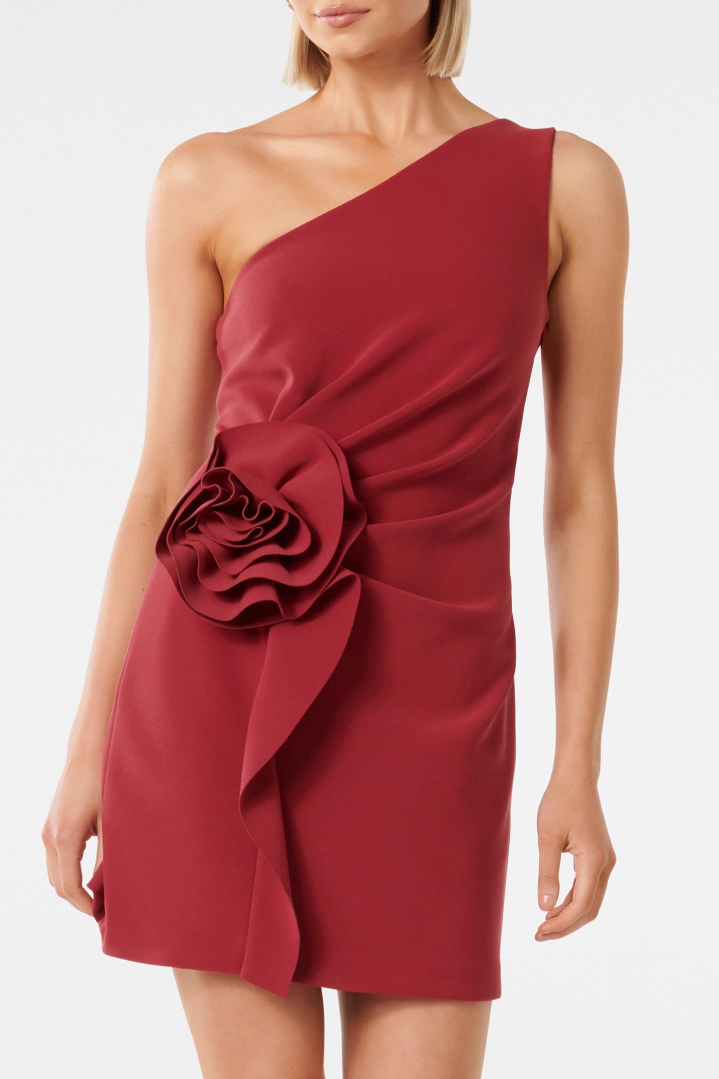 ARABELLA ROSETTE ASYMMETRICAL MINI DRESS RIO RED 1