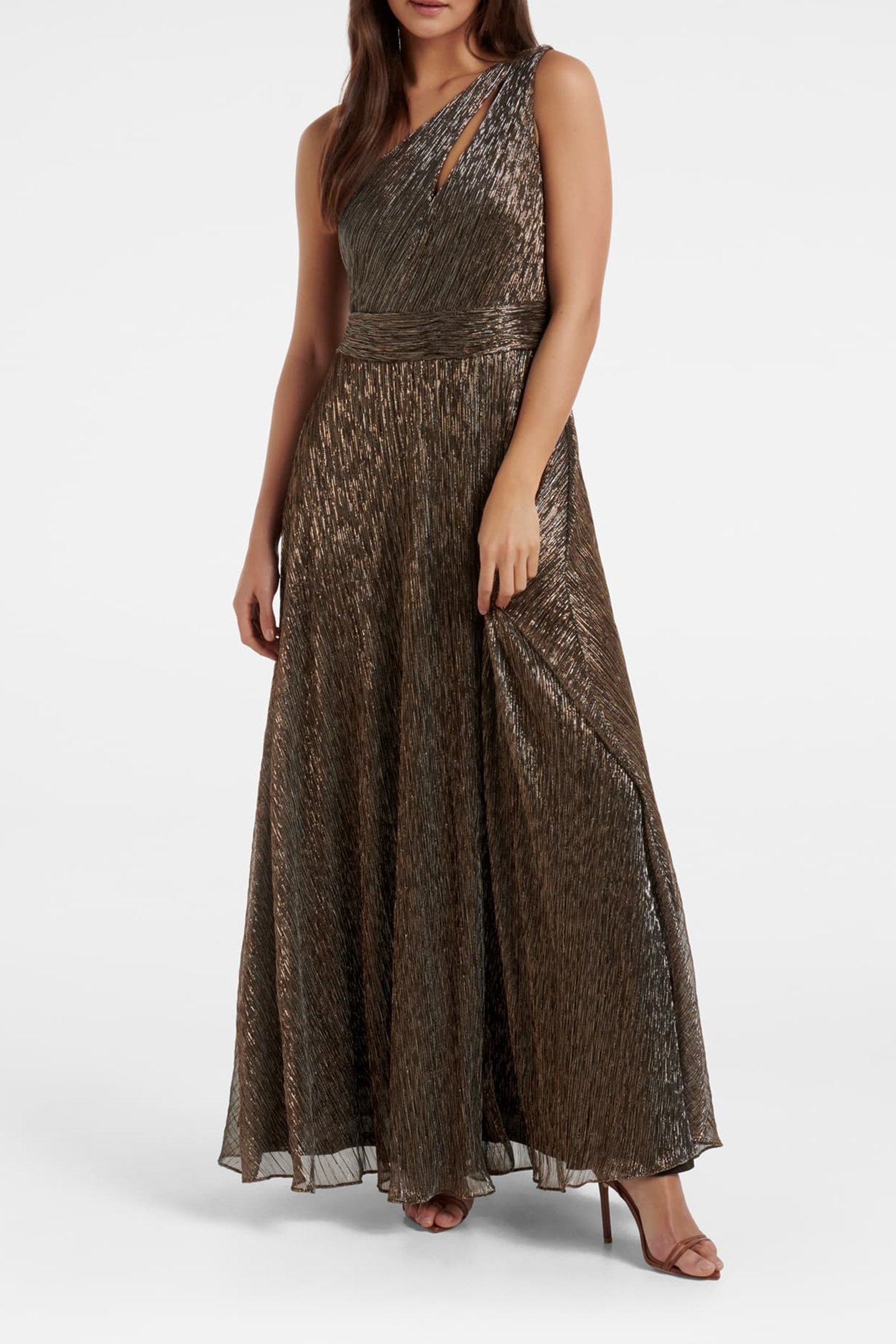 BILLIE ASYMMETRICAL PLISSE MIDI DRESS BRONZE 1