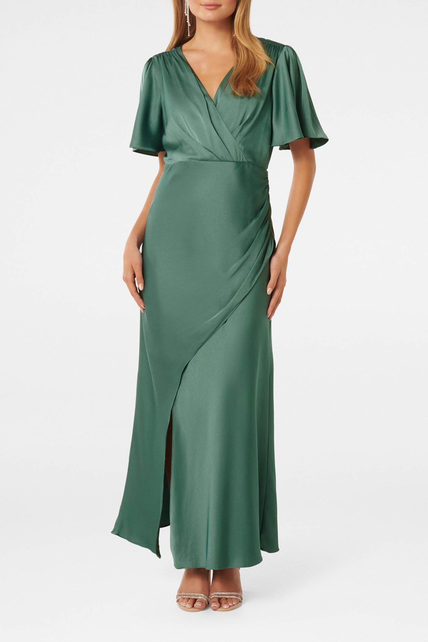 CHELSEA FLUTTER SLEEVES SATIN MAXI DRESS BURNING SAGE 1