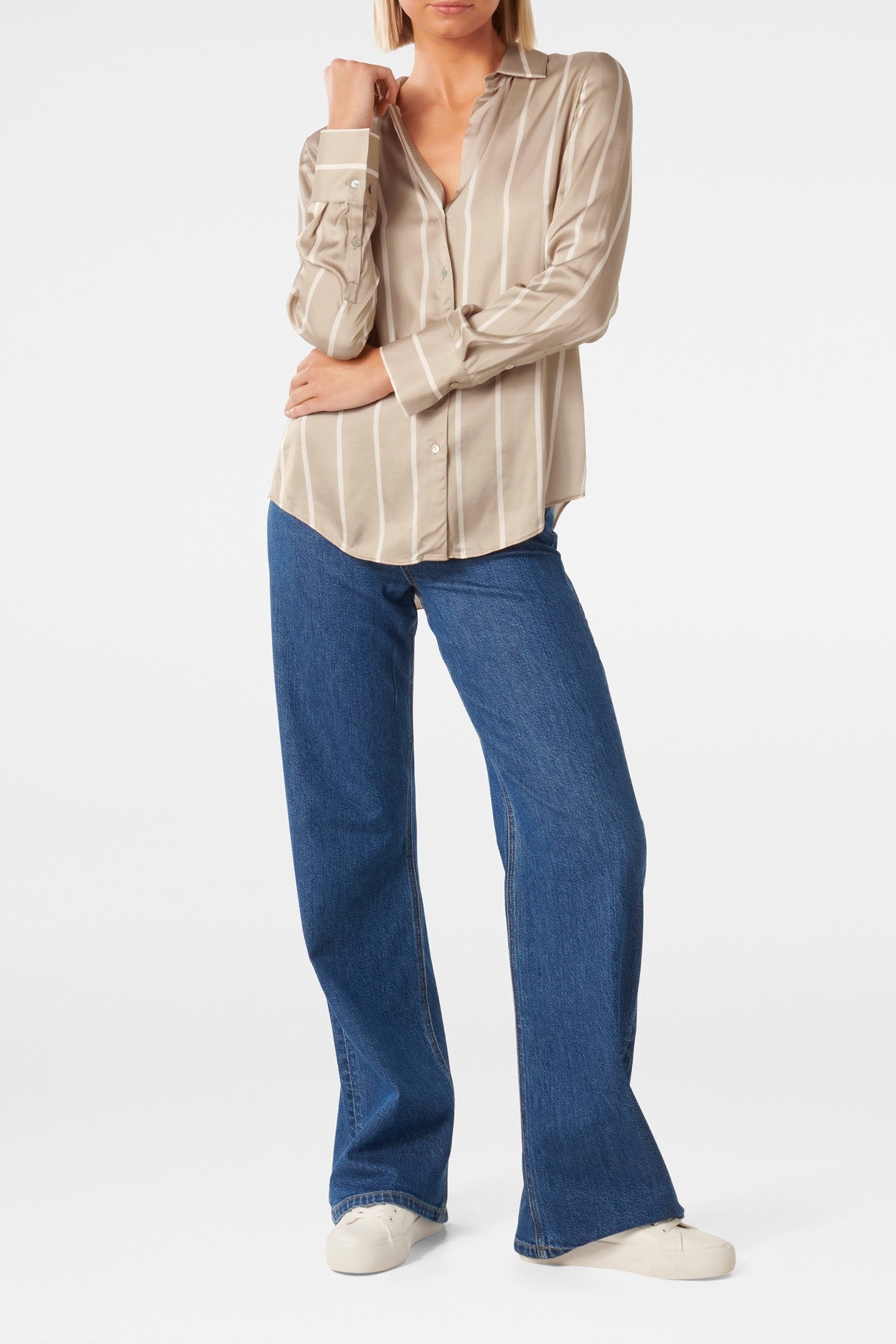 HARVEY NOTCHED NECK SATIN SHIRT TAN ARBORY STRIPE 3