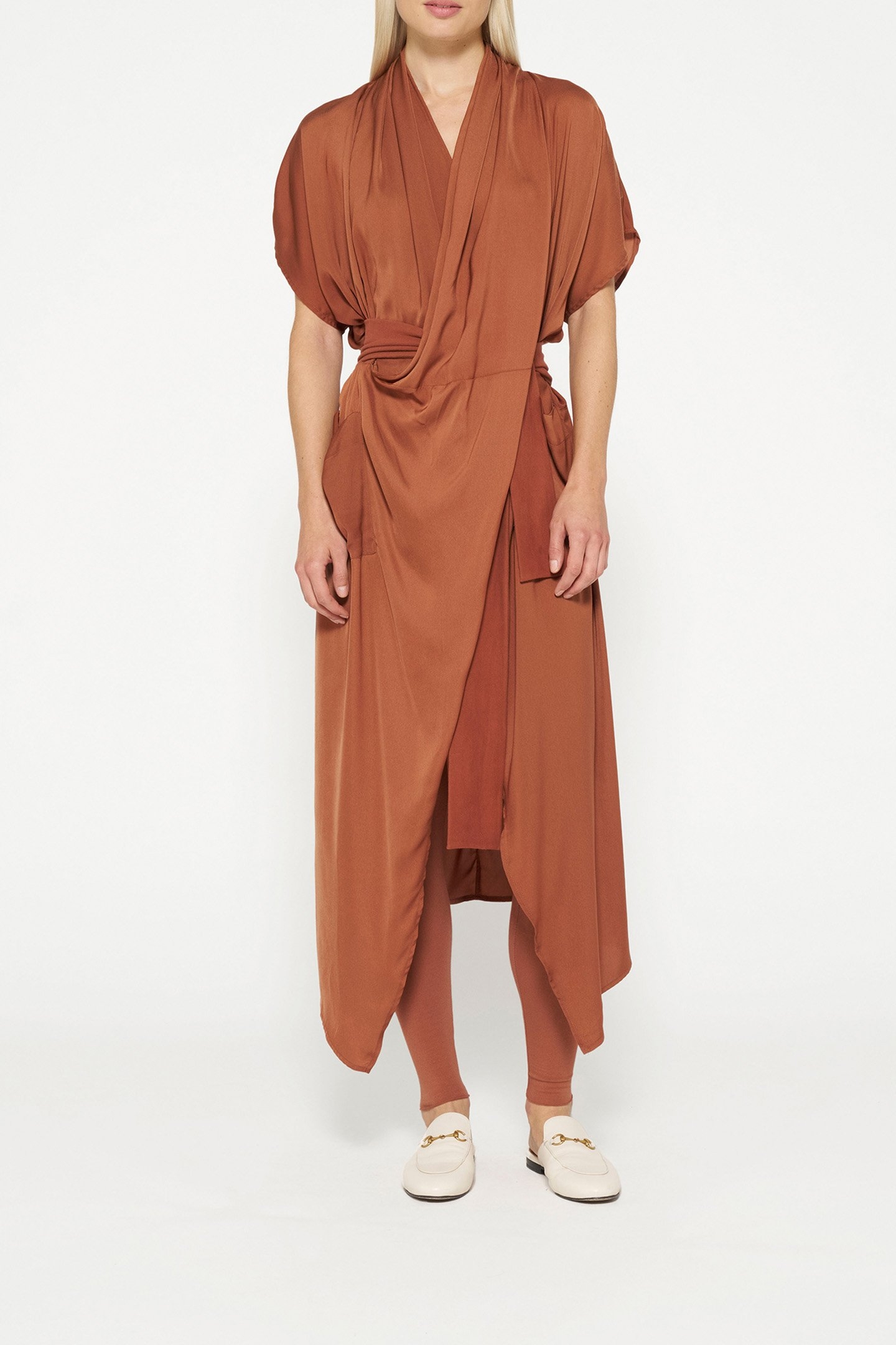 SATIN KIMONO DRESS SADDLE BROWN 1