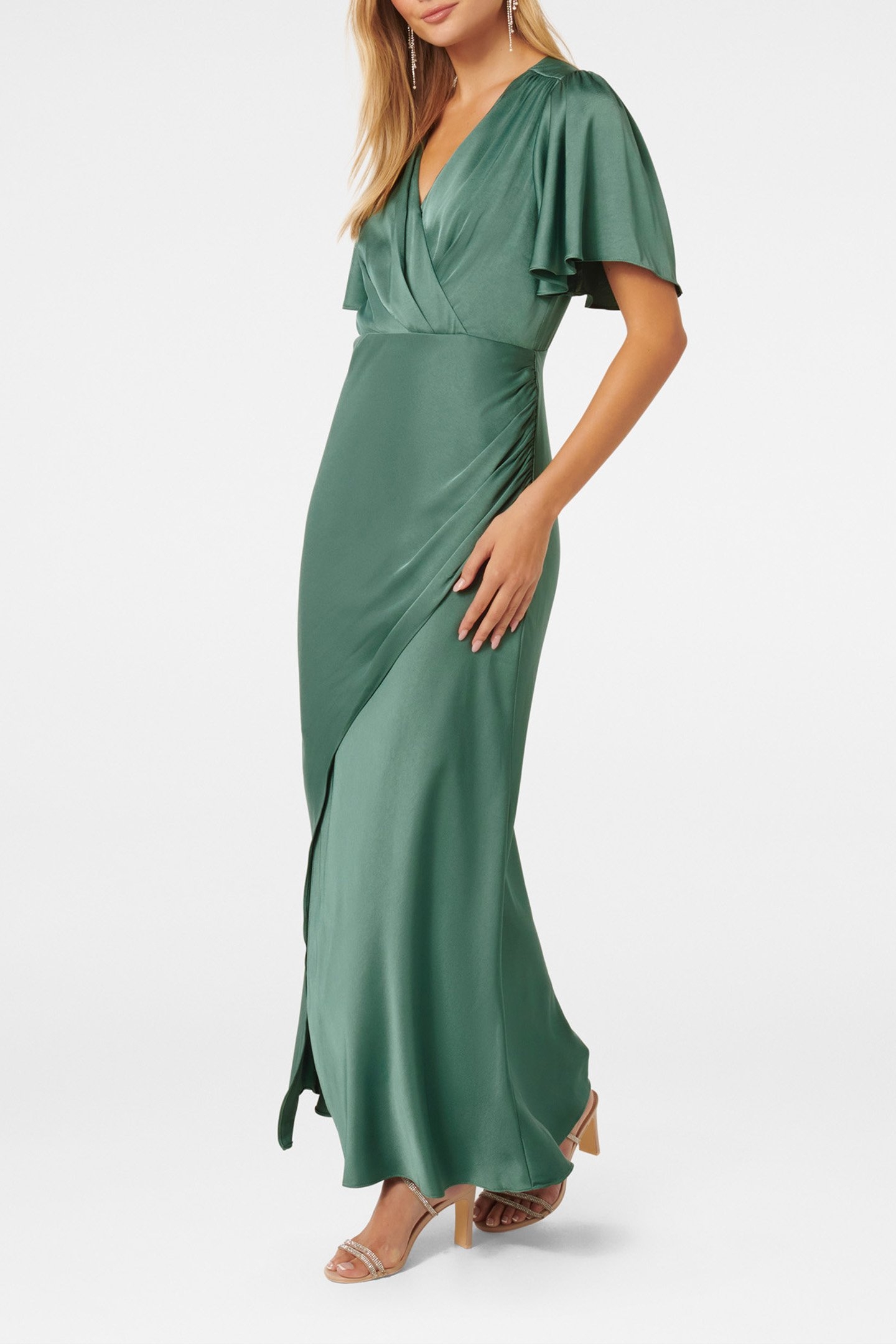 CHELSEA FLUTTER SLEEVES SATIN MAXI DRESS BURNING SAGE 4