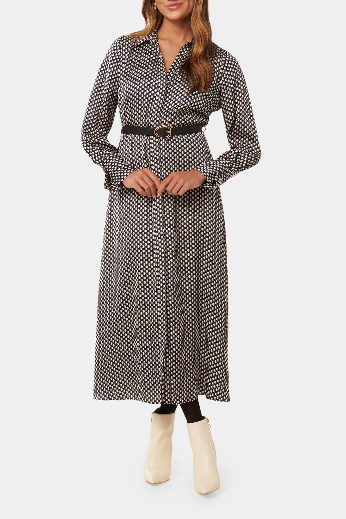 JANINE PETITE SATIN MIDI SHIRT DRESS NAVY KITSON GEO 1