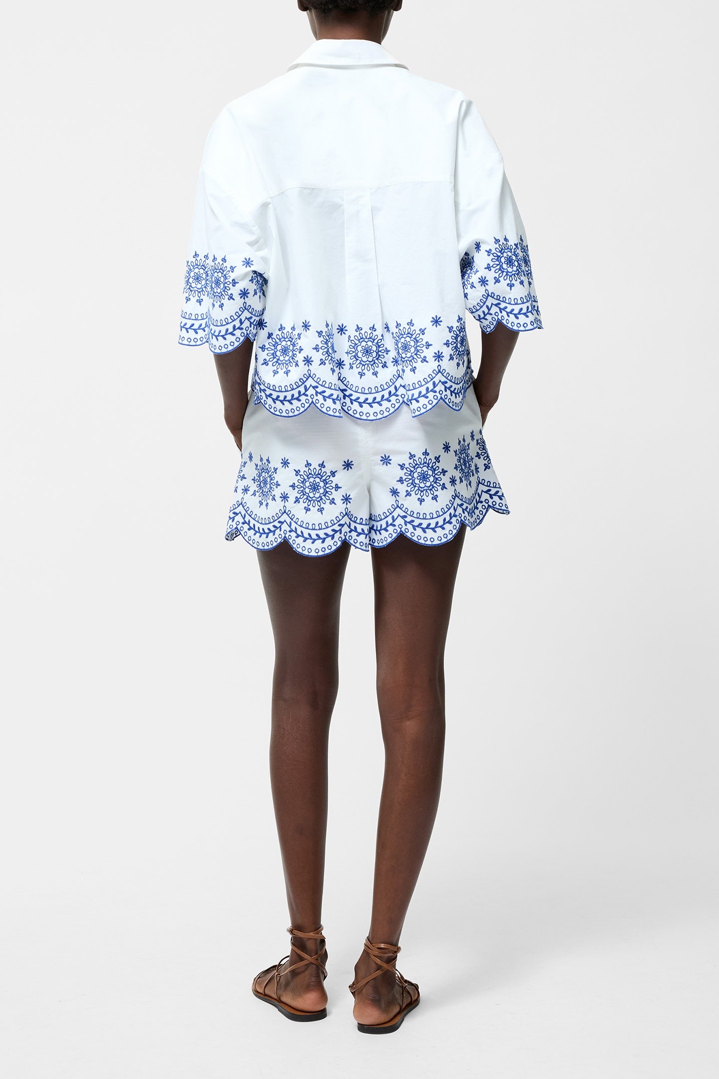 EMBROIDERED HEM POPOVER SHORT SLEEVE SHIRT LINEN WHITE/MULTI 2