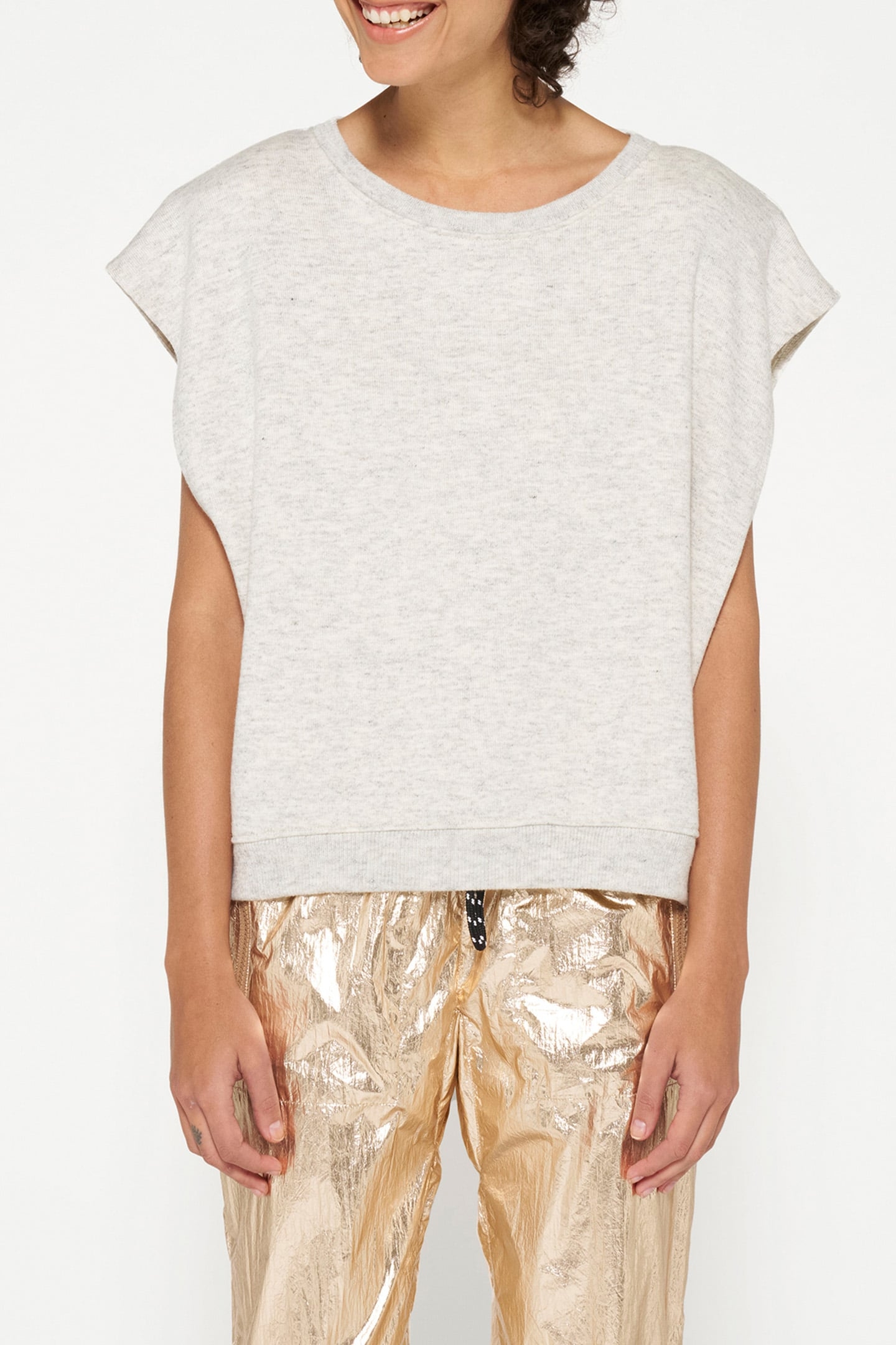 PADDED SHOULDER KNIT TOP WHITE GREY MELEE 1