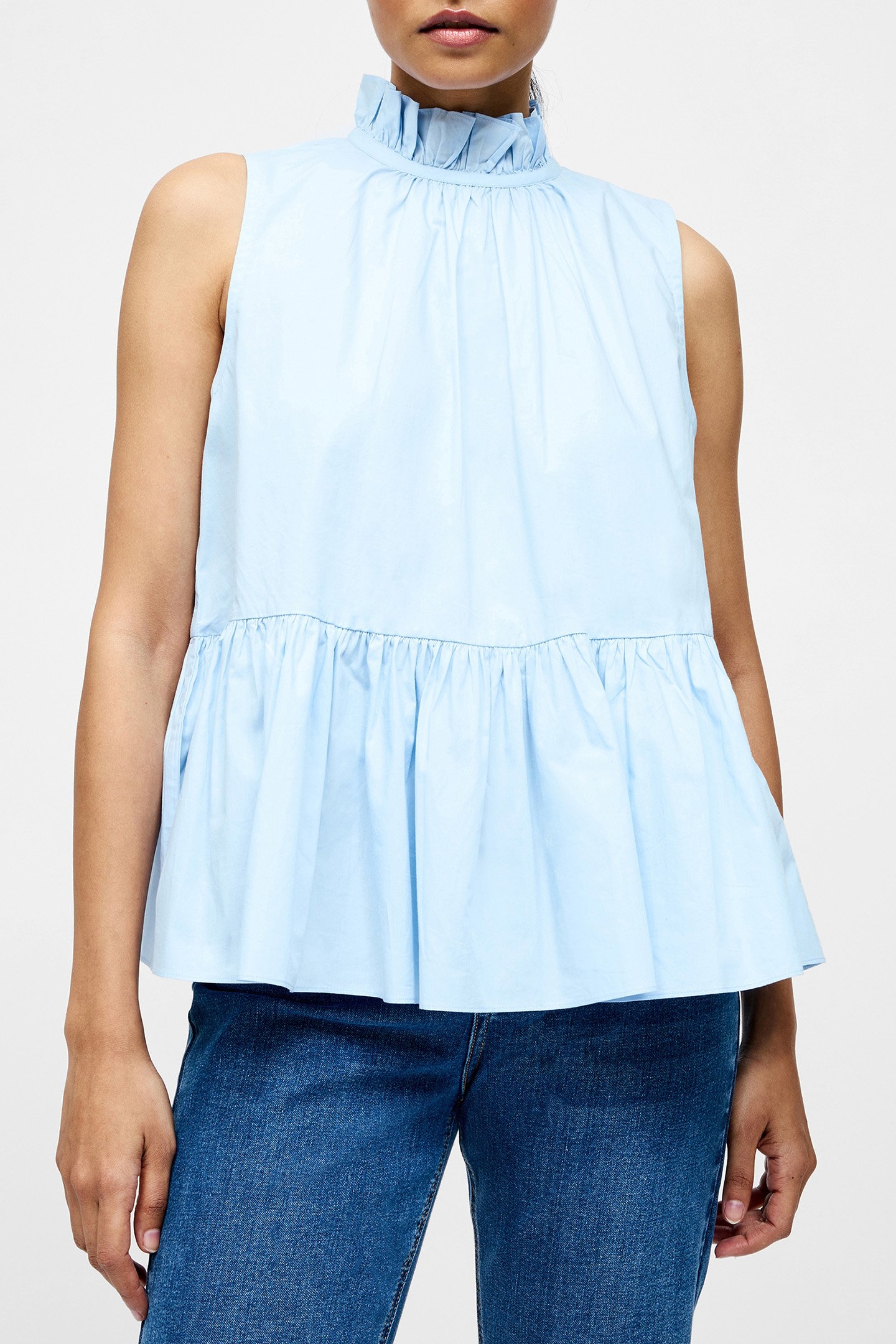 HIGH NECK SLEEVELESS POPLIN TOP CASHMERE BLUE 1