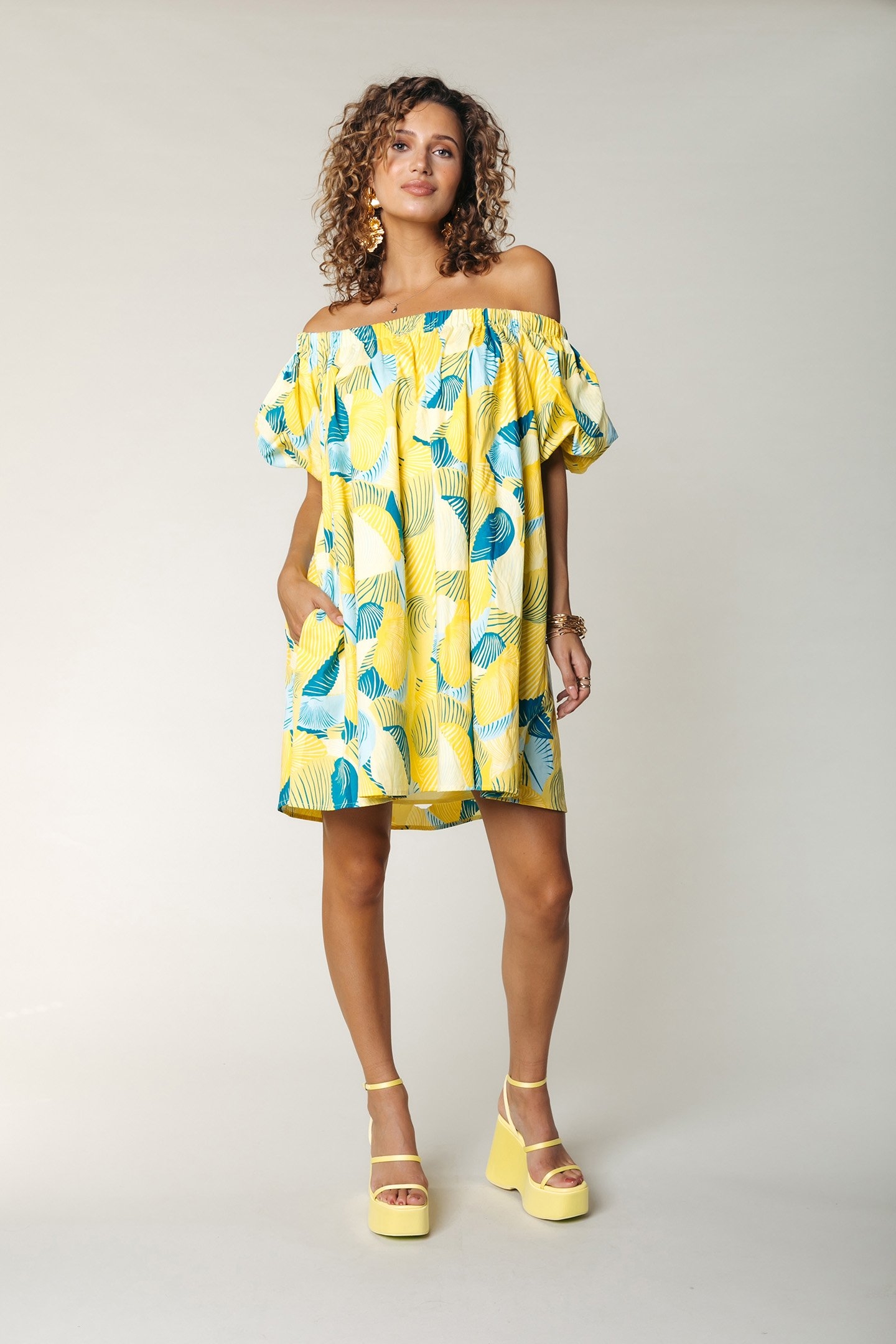 UMAY SHELL OFF SHOULDER DRESS WASHED YELLOW 1