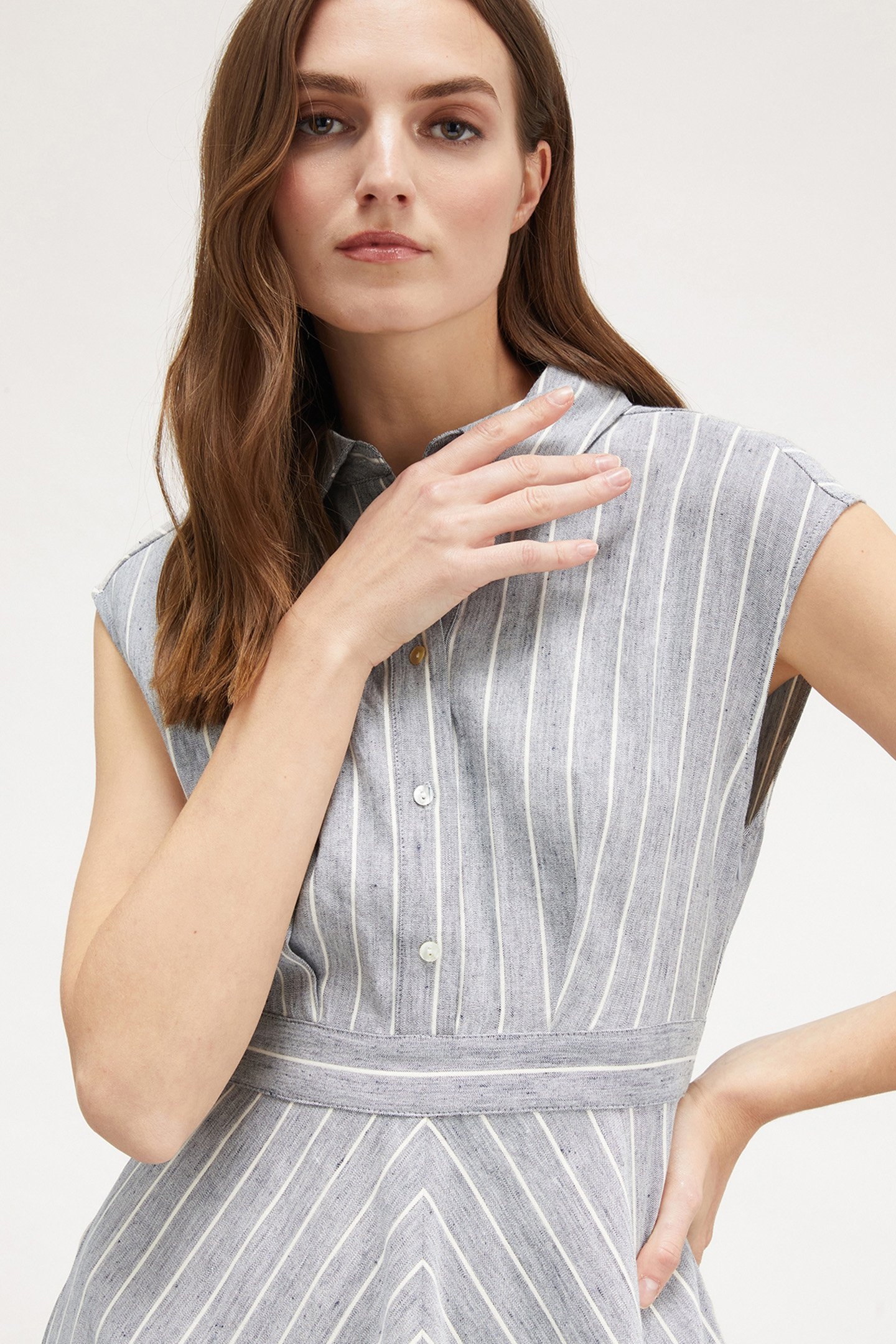 LINEN BLEND PINSTRIPE CHEMISIER DRESS GREY 5