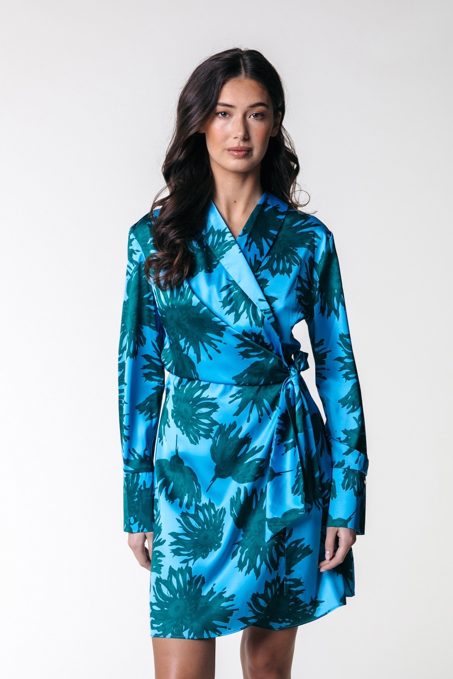 DORIN FLOWERS SATIN WRAP DRESS MIST BLUE 1