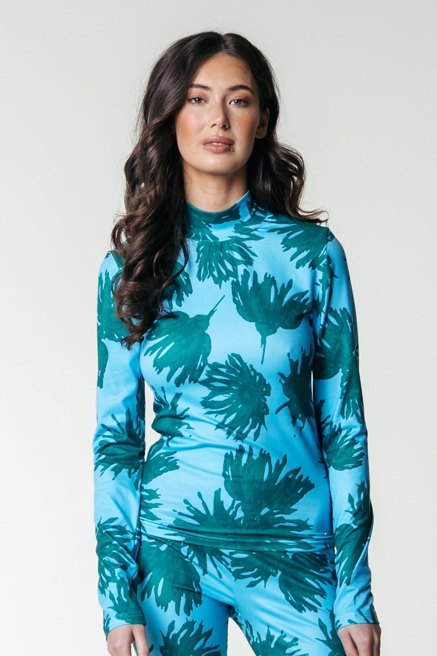 NEYO FLOWERS PEACHED TURTLENECK TOP MIST BLUE 1