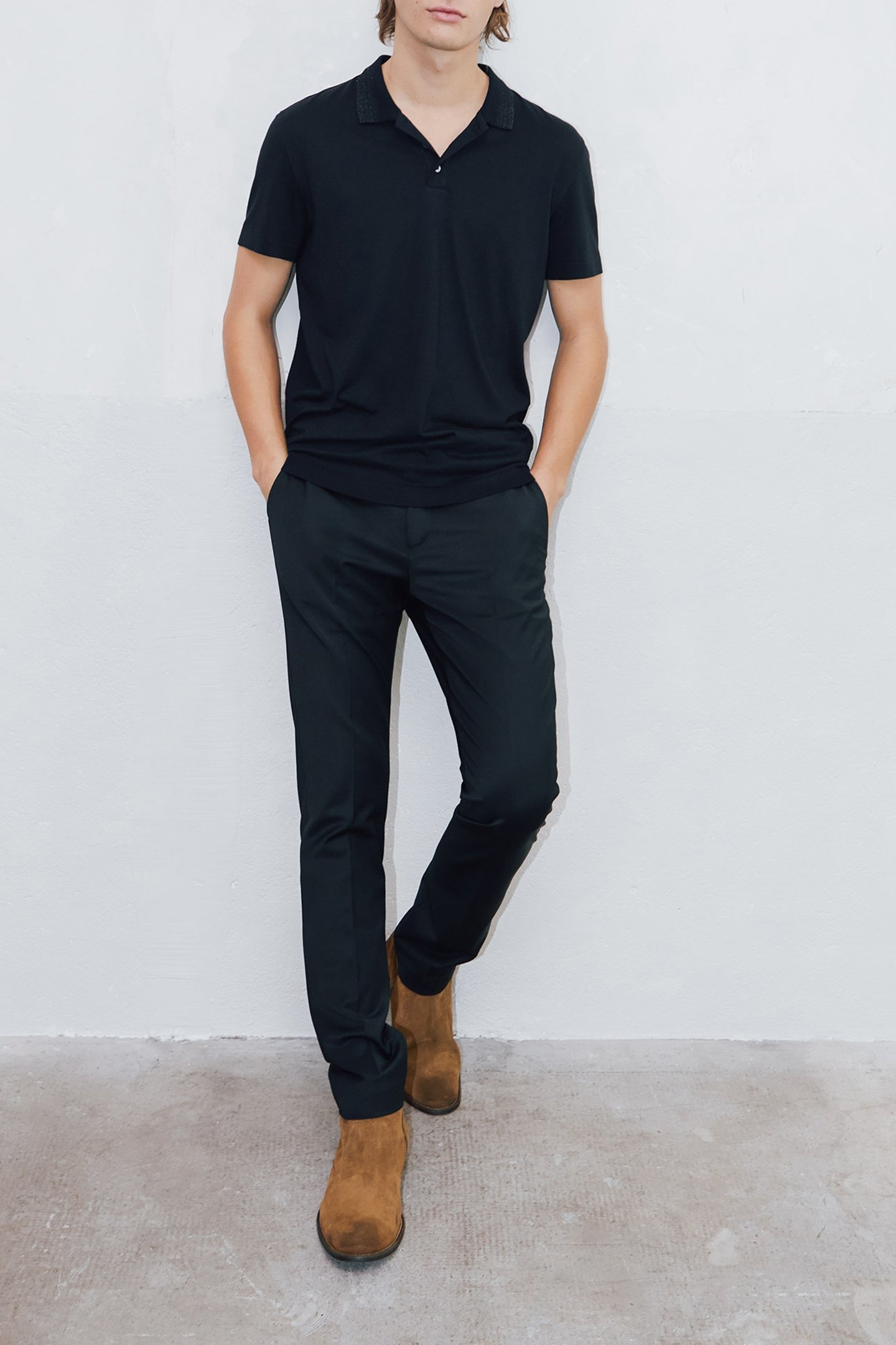 PURE EDITION–BLACK MODAL POLO SHIRT, STRIPED COLLAR 3