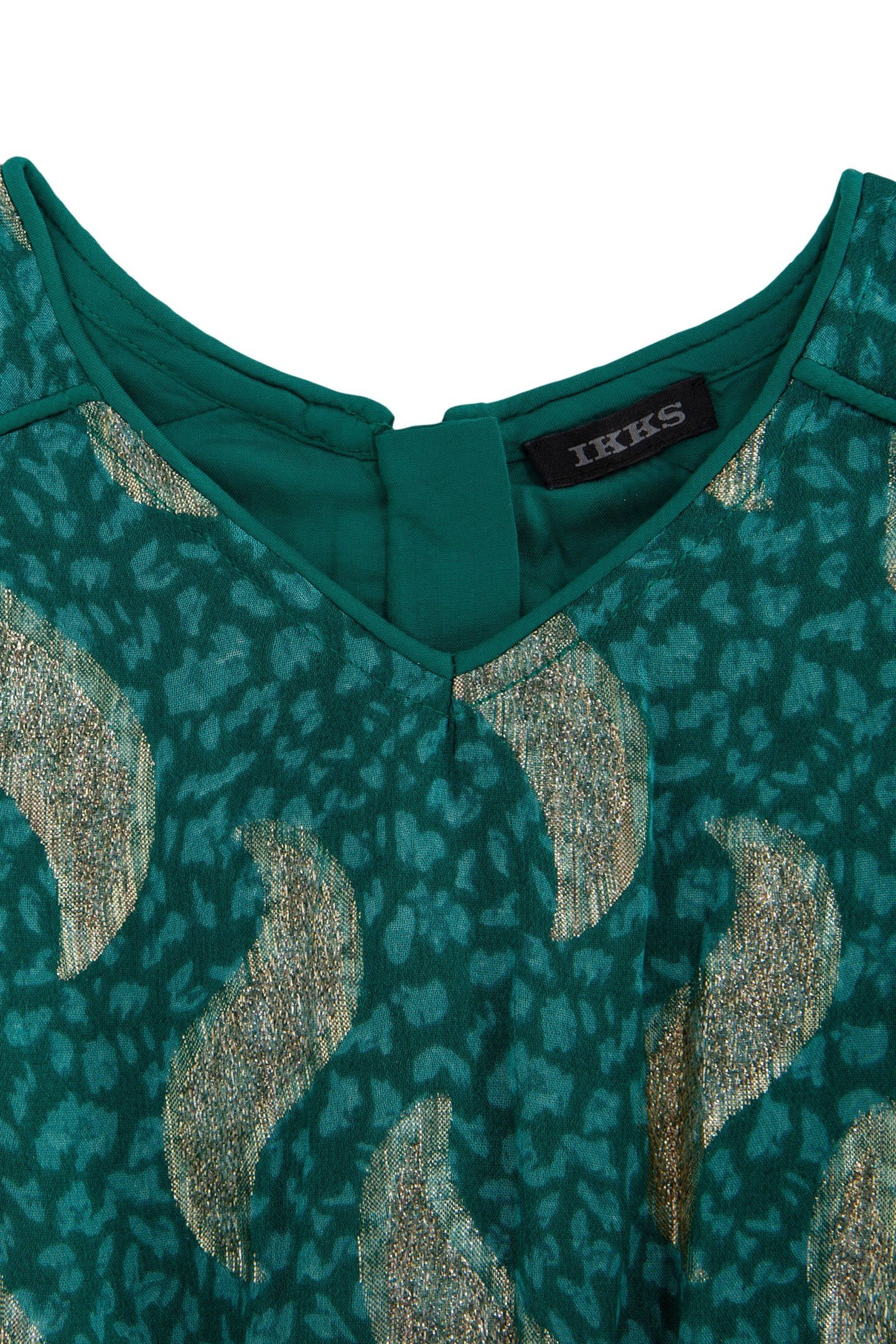 GIRLS' GREEN SHORT DRESS WITH GOLD LEAF PRINT 3