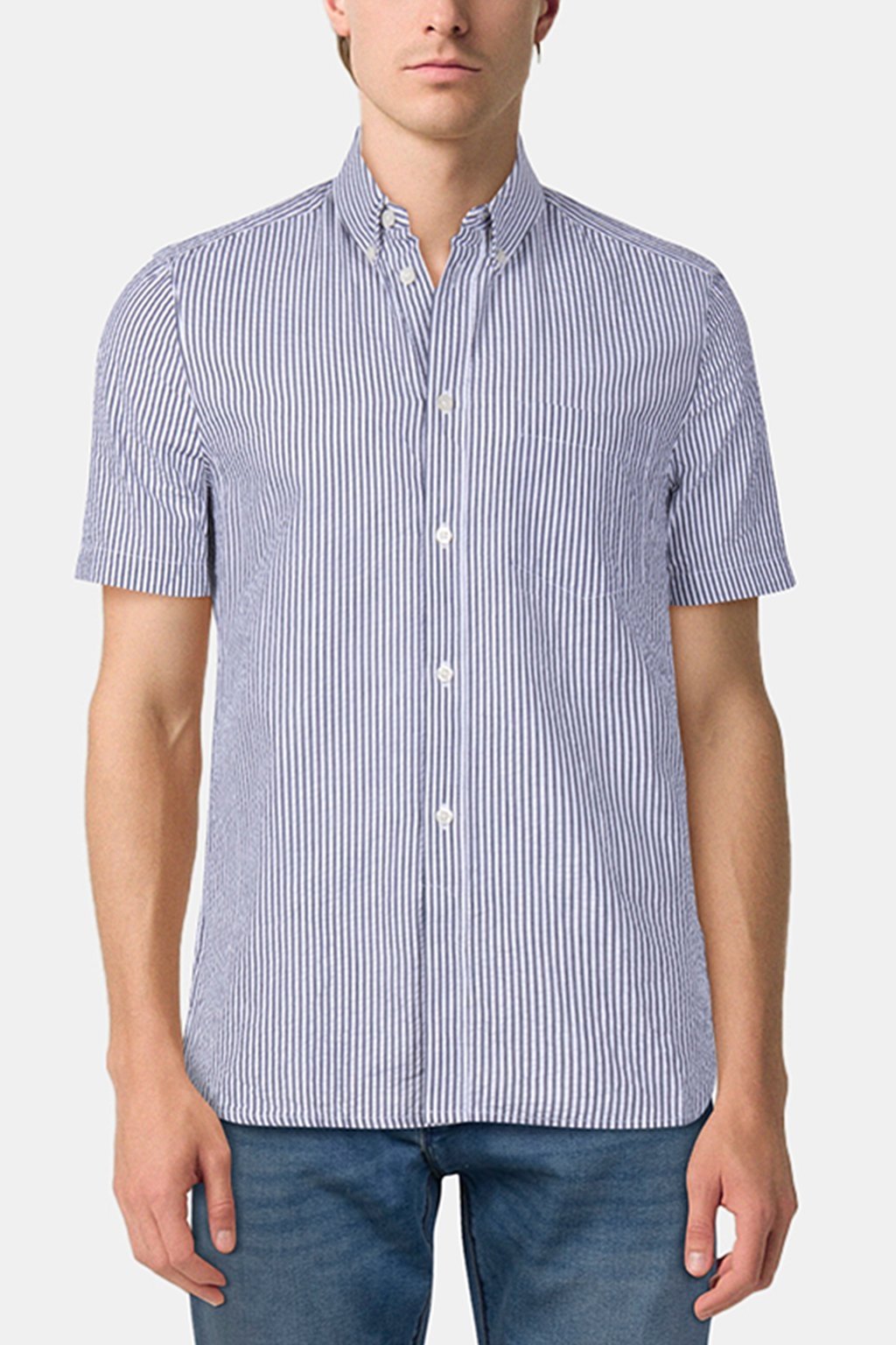 SEERSUCKER POCKET STRIPE SHORT SLEEVE SHIRT MARINE 1