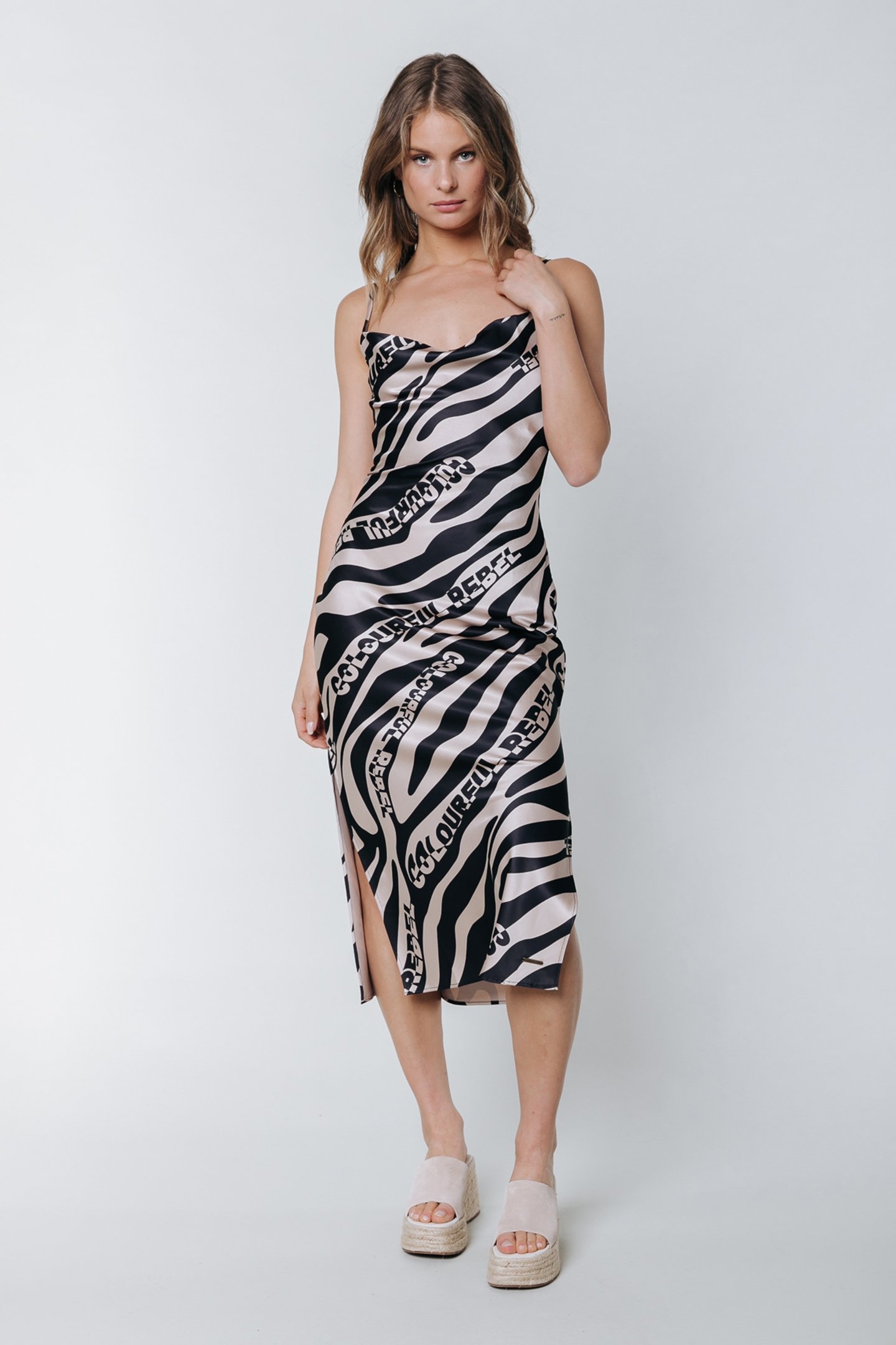 CAMI ZEBRA MIDI SLIP DRESS SAND 4
