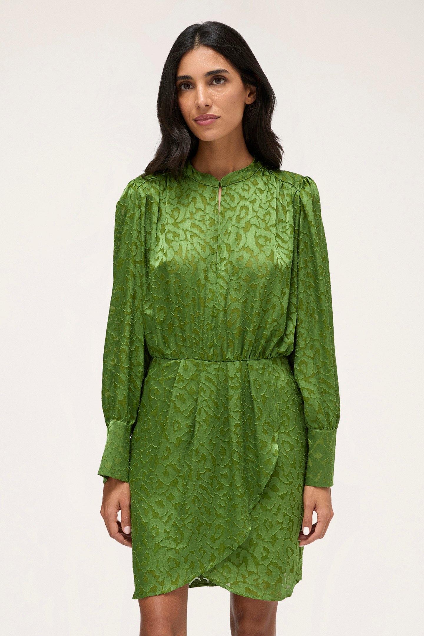 DEVORÉ SATIN WRAPAROUND MINI DRESS GREEN 1