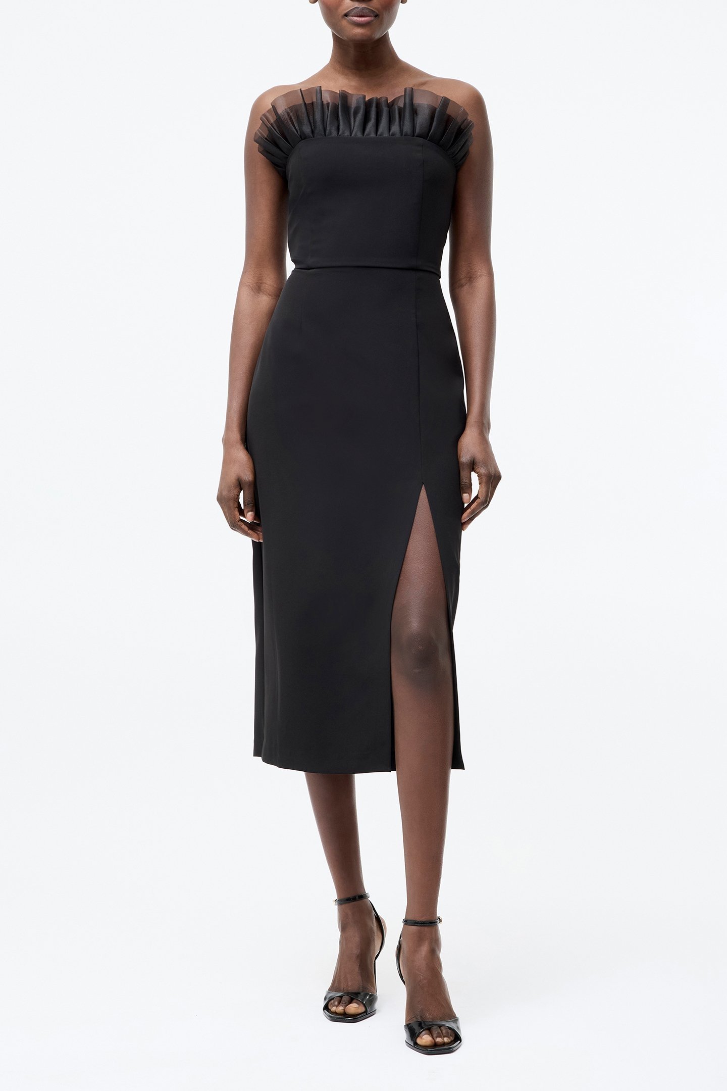 BANDEAU ORGANZA MIX FRILL MIDI DRESS BLACK 1