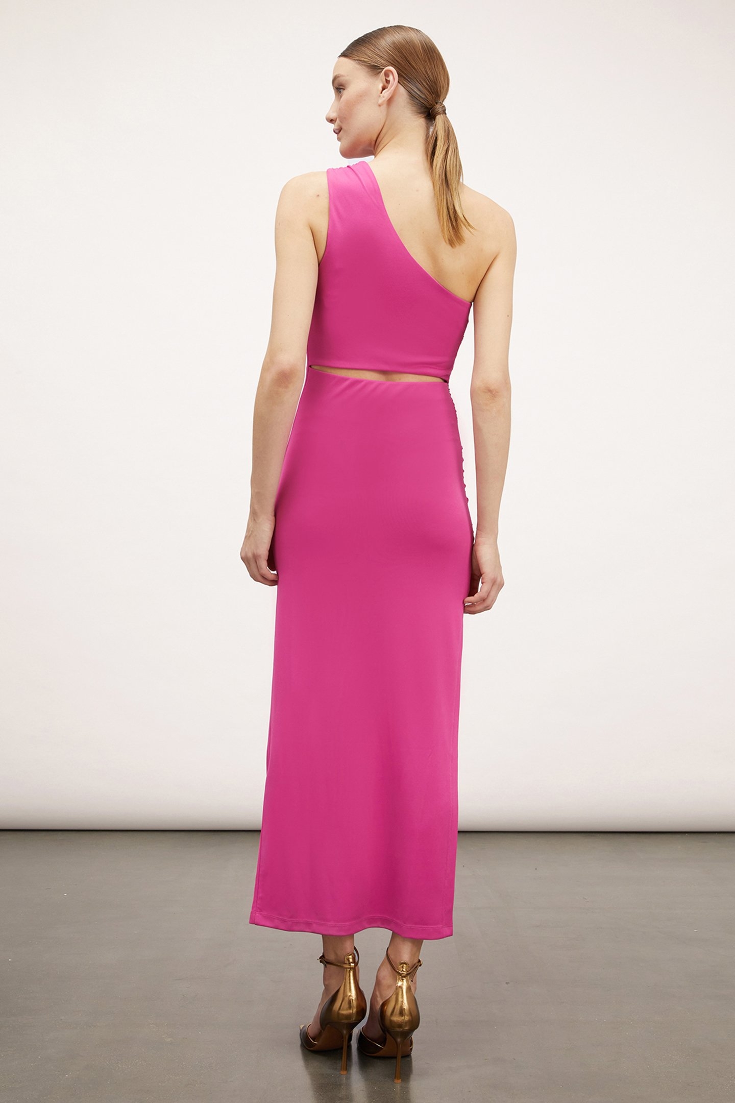 ONE-SHOULDER DRESS WITH GATHERS FUCSIA 2