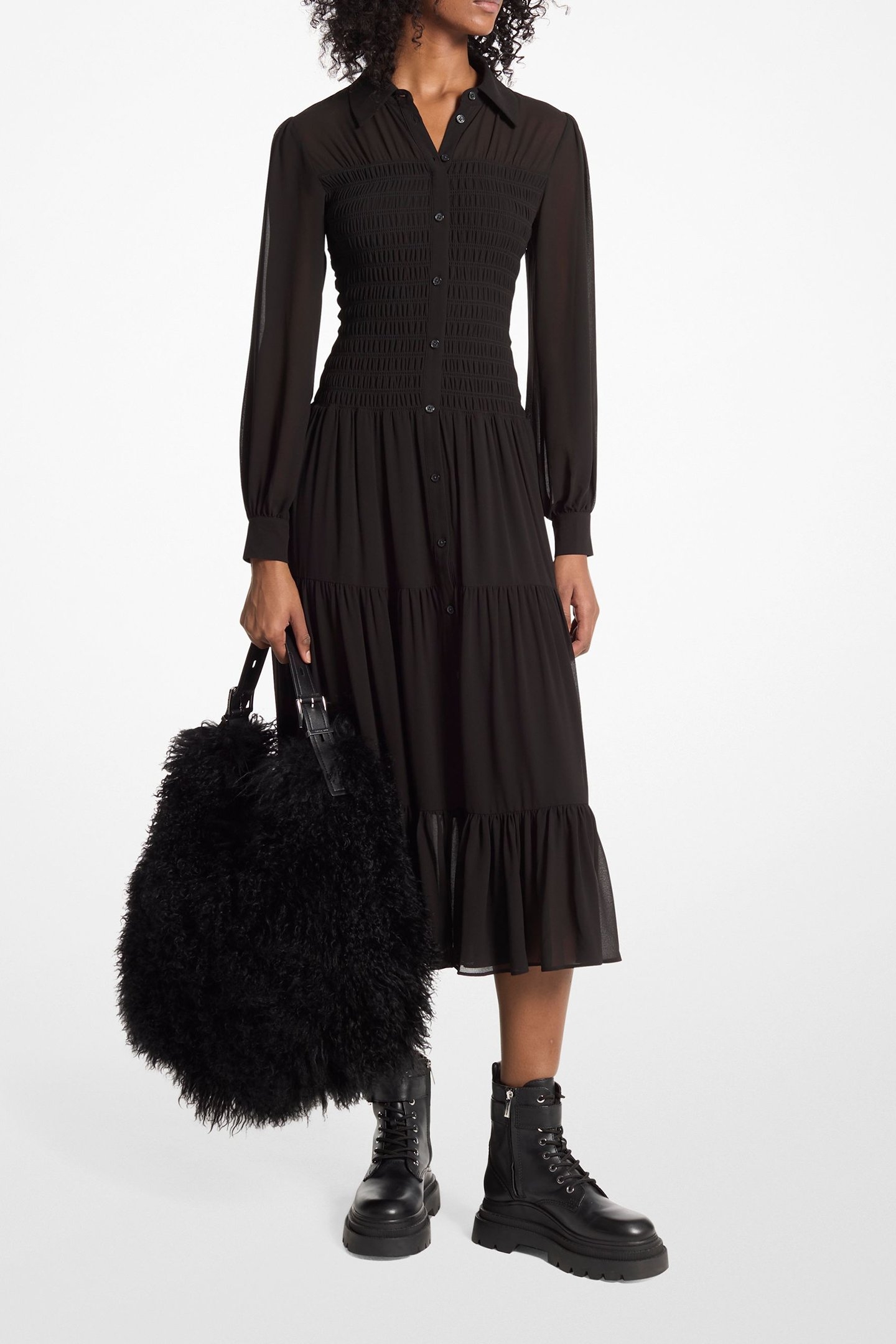 SMOCK BUTTON DOWN SHIRT DRESS IN BLACK 1