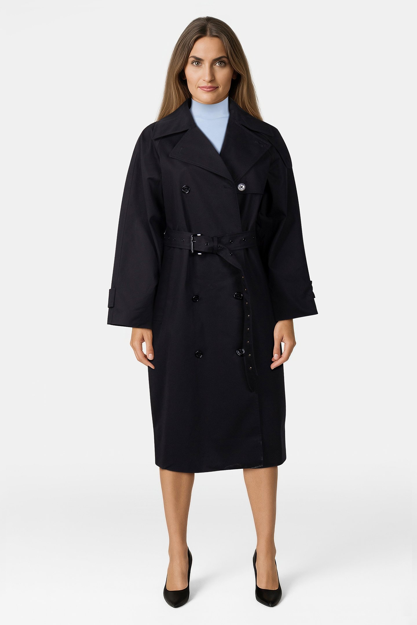 DOUBLE BREASTED OVERSIZED BELTED TRENCH COAT IN BLACK 1