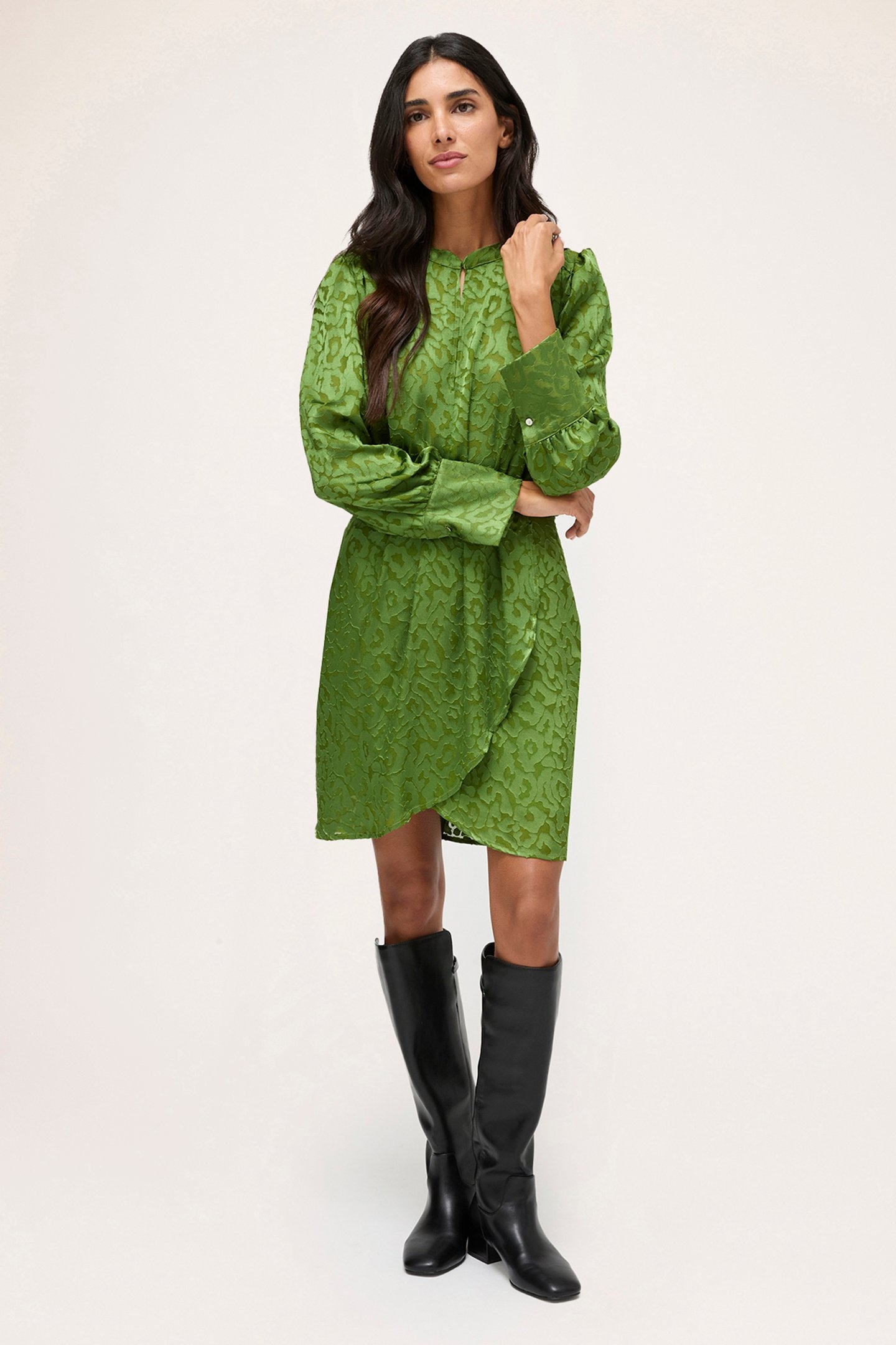 DEVORÉ SATIN WRAPAROUND MINI DRESS GREEN 3