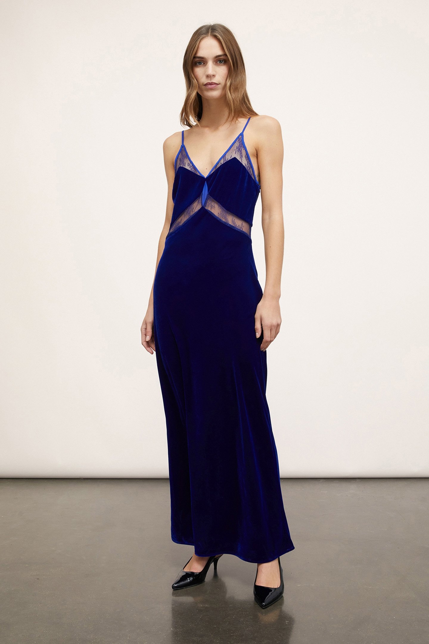 SMOOTH VELVET AND LACE LINGERIE DRESS BLUE 1