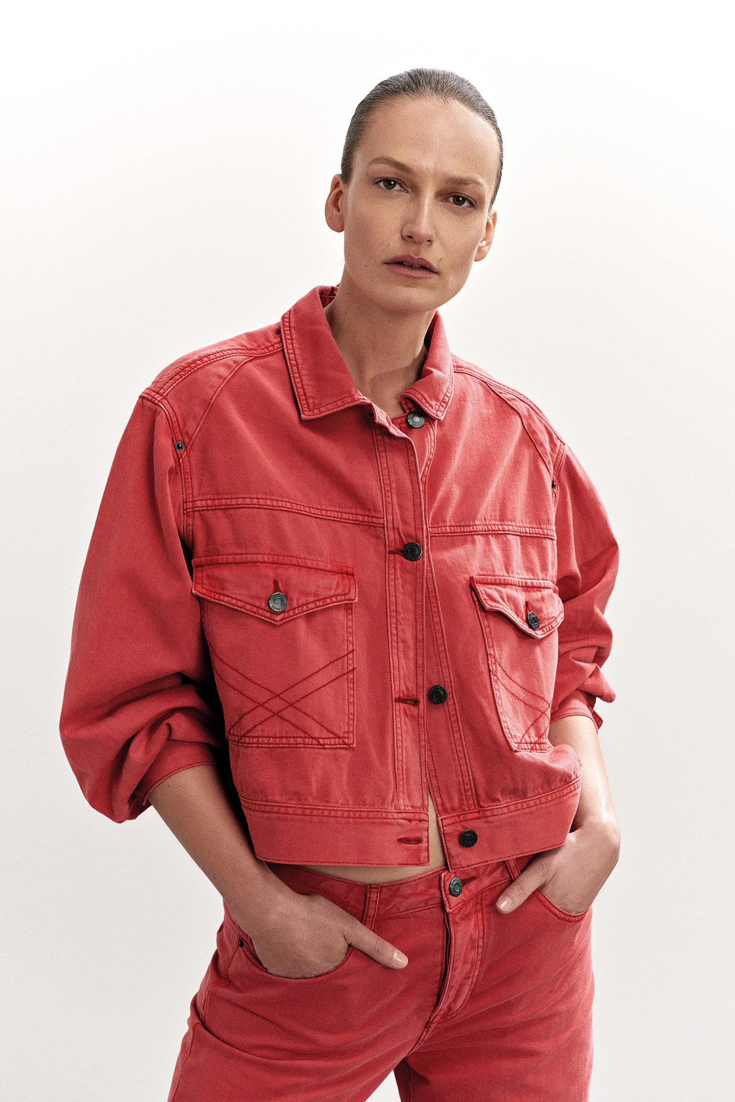 BOXY DENIM JACKET COLOURED DENIM REDS 6