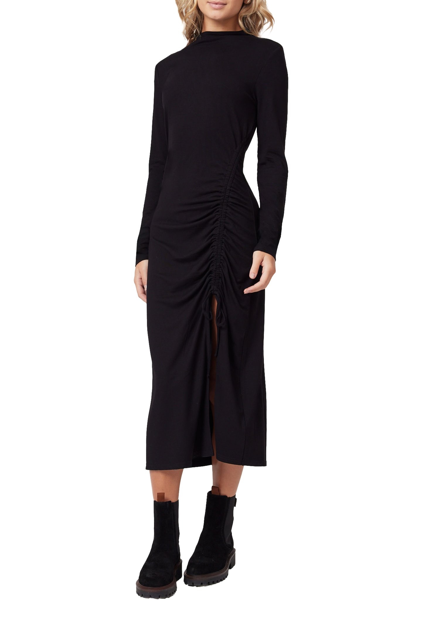 ASYMETRIC RUCHED FRONT LS DRESS BLACK 1