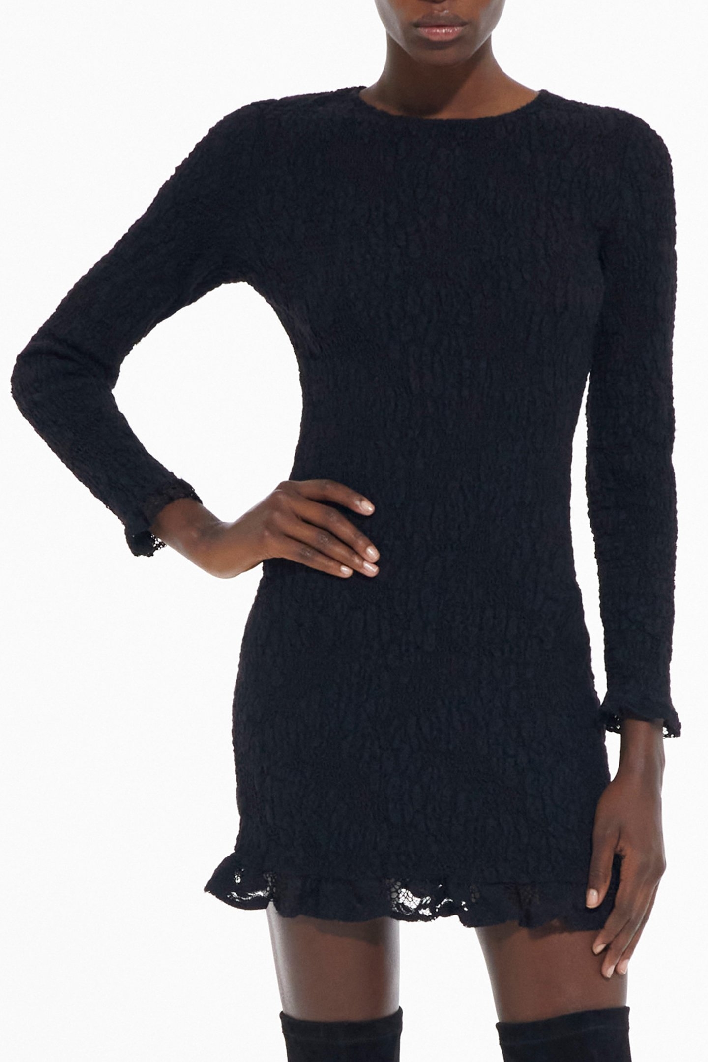 SMOCKED SHORT DRESS WITH LONG SLEEVES BLACK 1