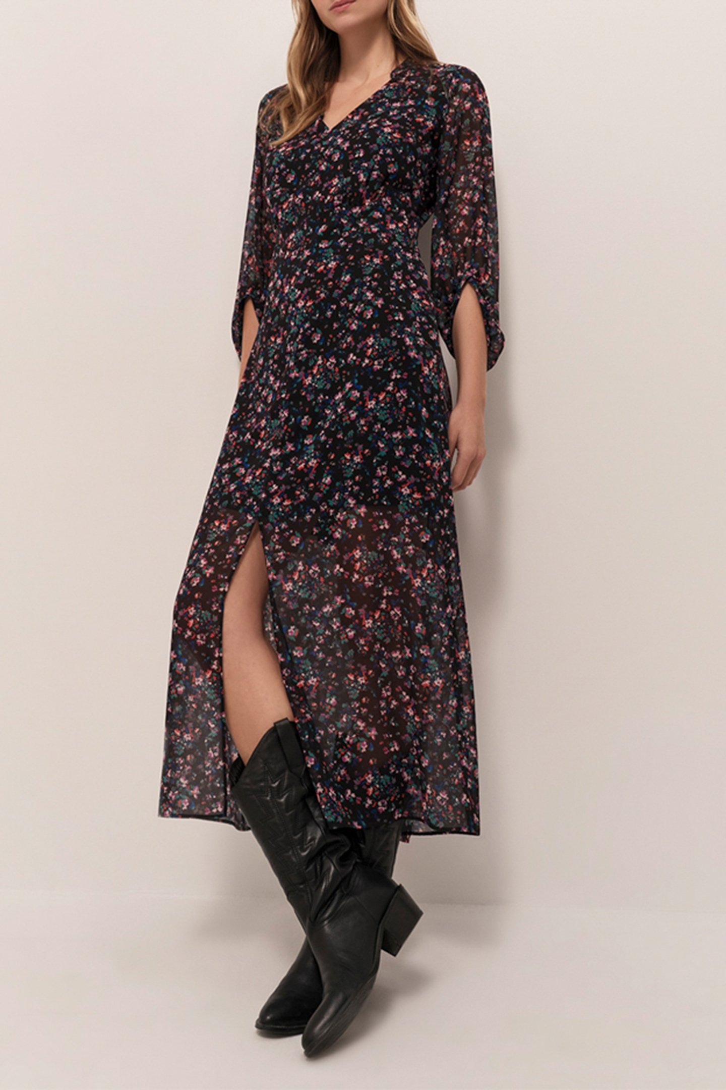 ROMEA - LONG BLACK DRESS WITH NIGHT GARDEN PRINT 3