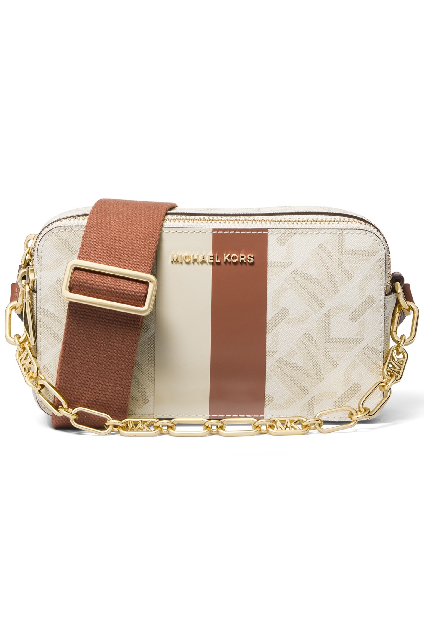 SMALL DOUBLE ZIP CAMERA CHAIN CROSS BODY BAG IN CREAM /BROWN 1