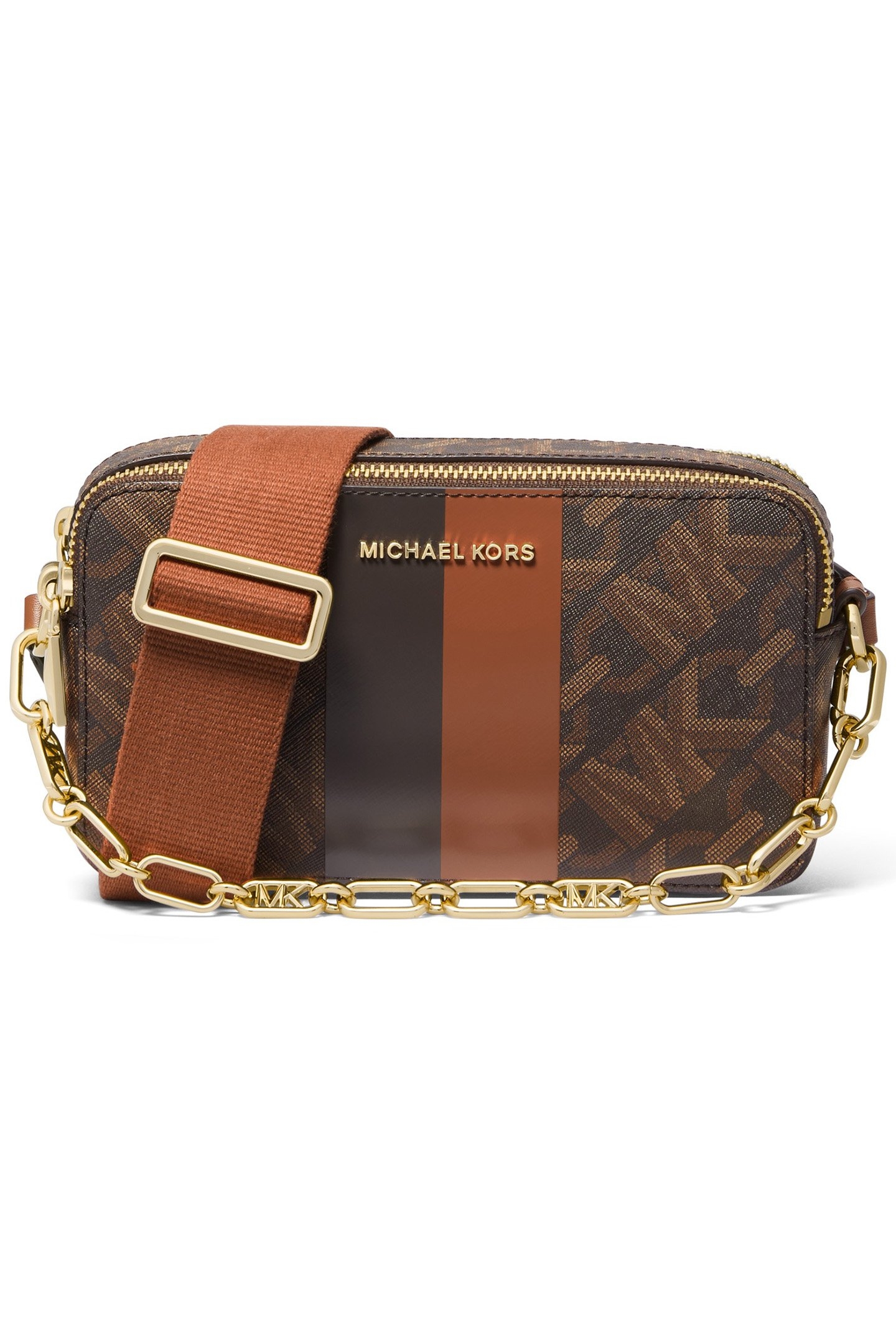 SMALL DOUBLE ZIP CAMERA CHAIN CROSS BODY BAG IN BROWN 1