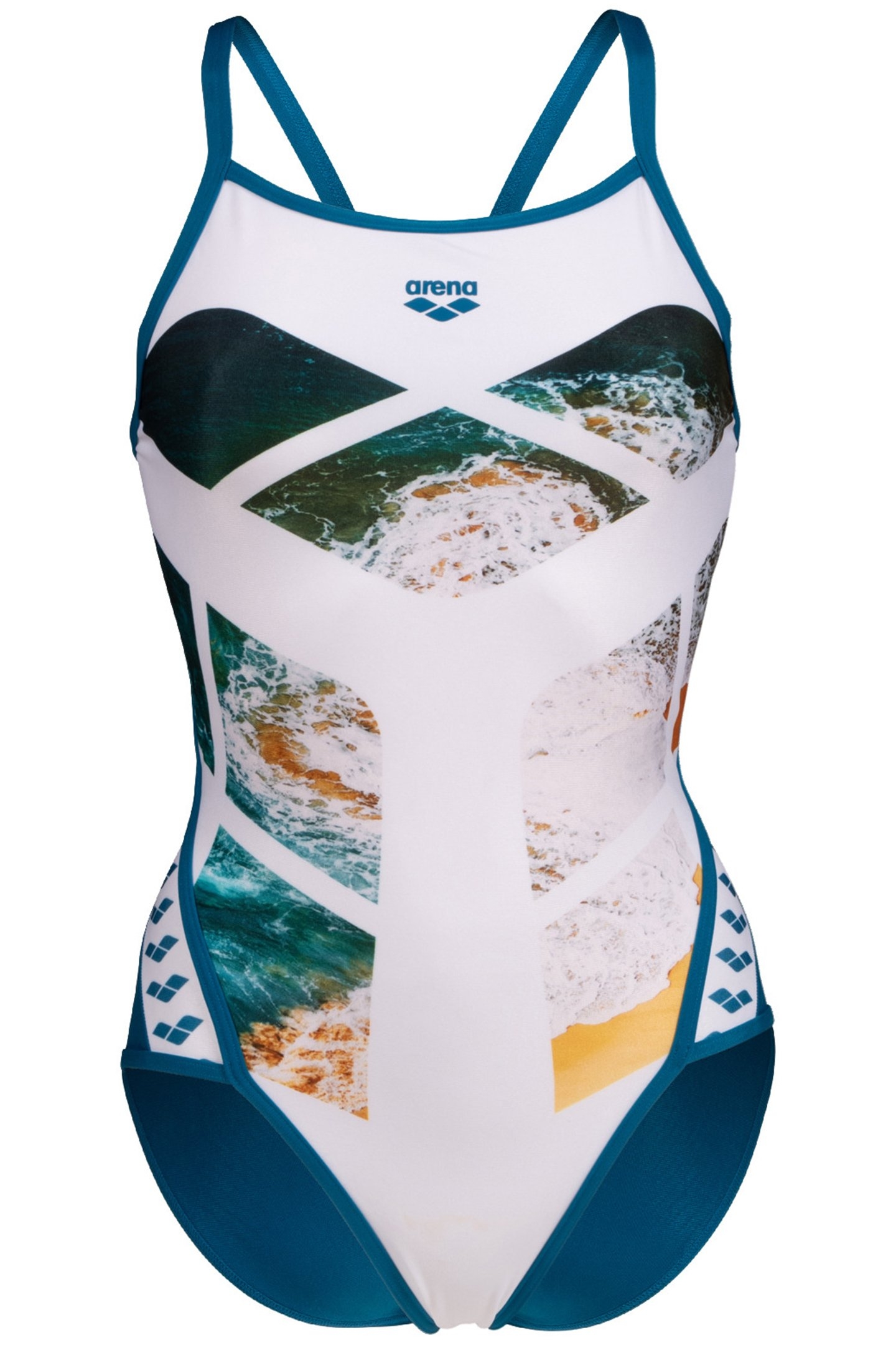 WOMEN'S ARENA PLANET SWIMSUIT SUPER FLY WHITE MULTI BLUE COS 4