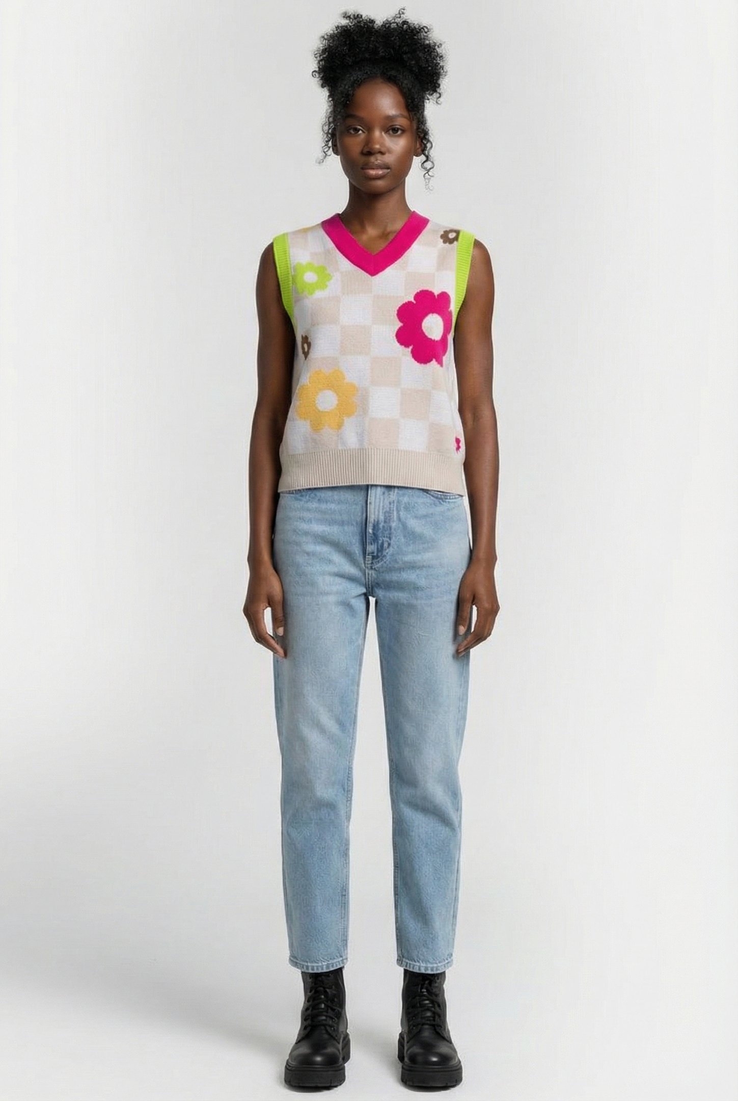 STELLA SWEATER VEST MENDED CHECK DENIM OATMEAL 1