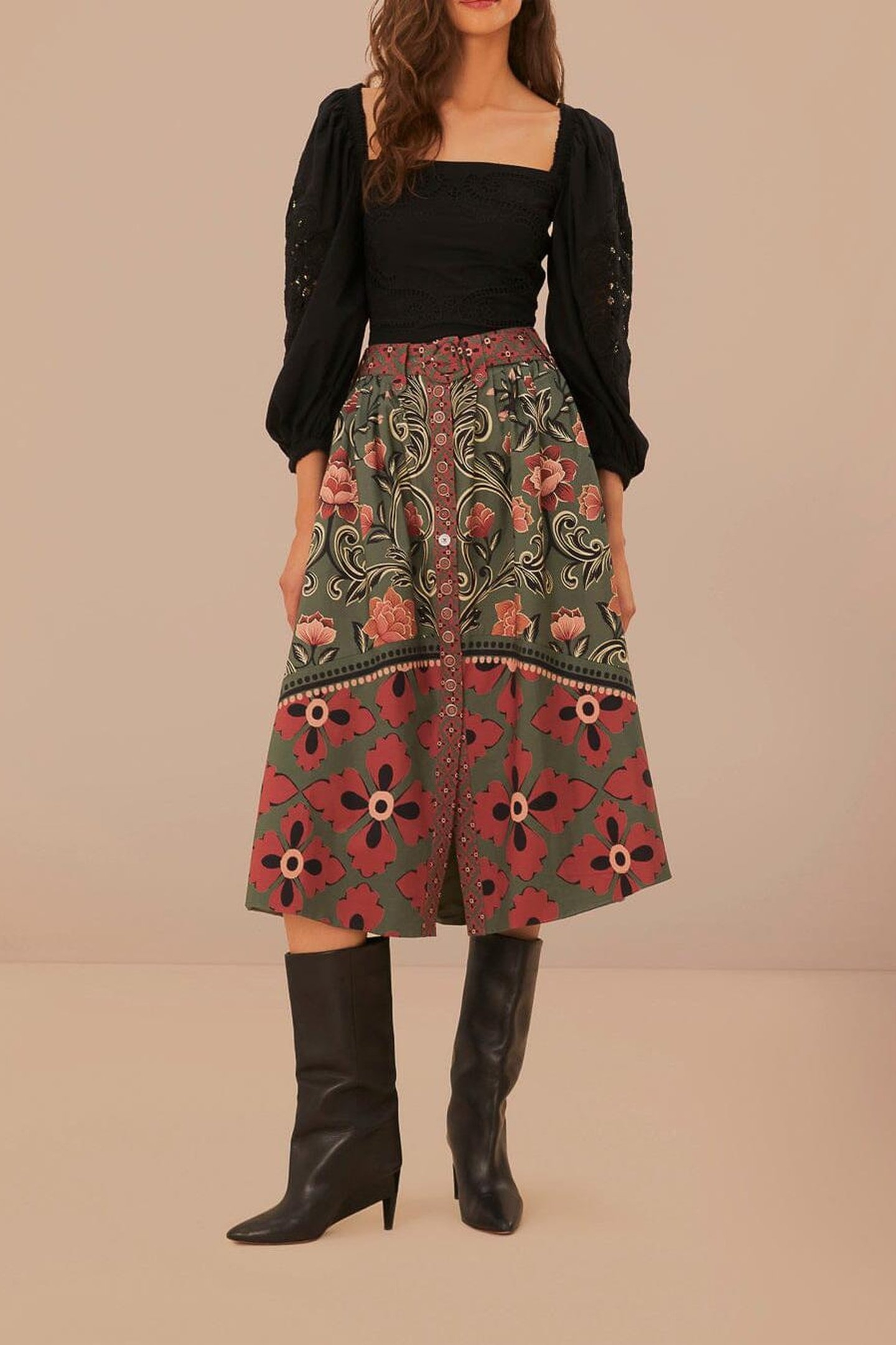 ARABESQUE FLORAL GREEN BUTTONS MIDI SKIRT 2