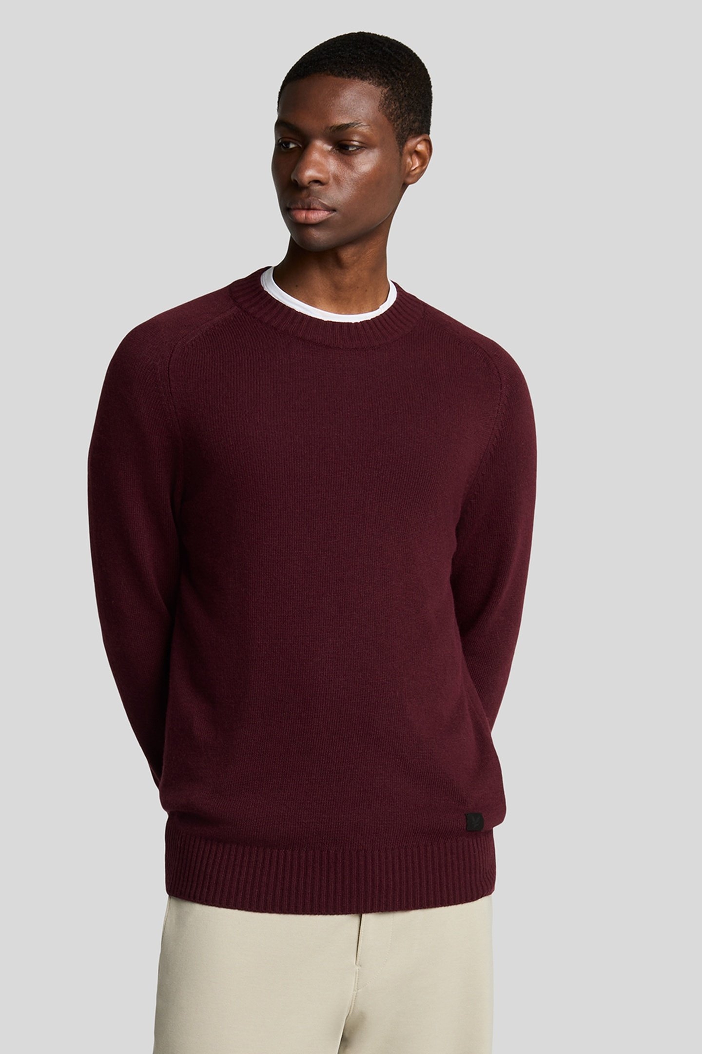 SADDLE SLEEVE CREW NECK JUMPER BURGUNDY HEATHER 1