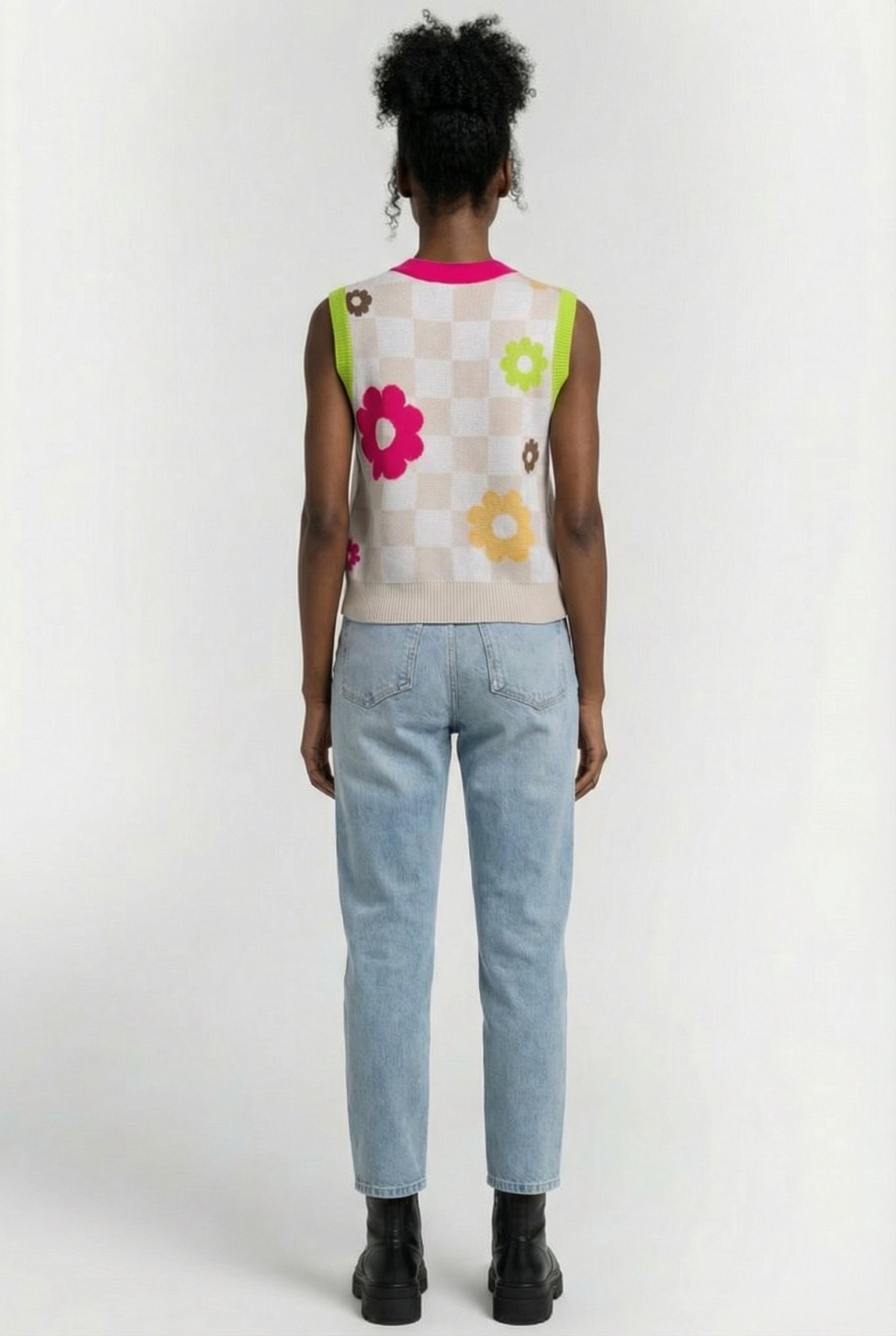 STELLA SWEATER VEST MENDED CHECK DENIM OATMEAL 2